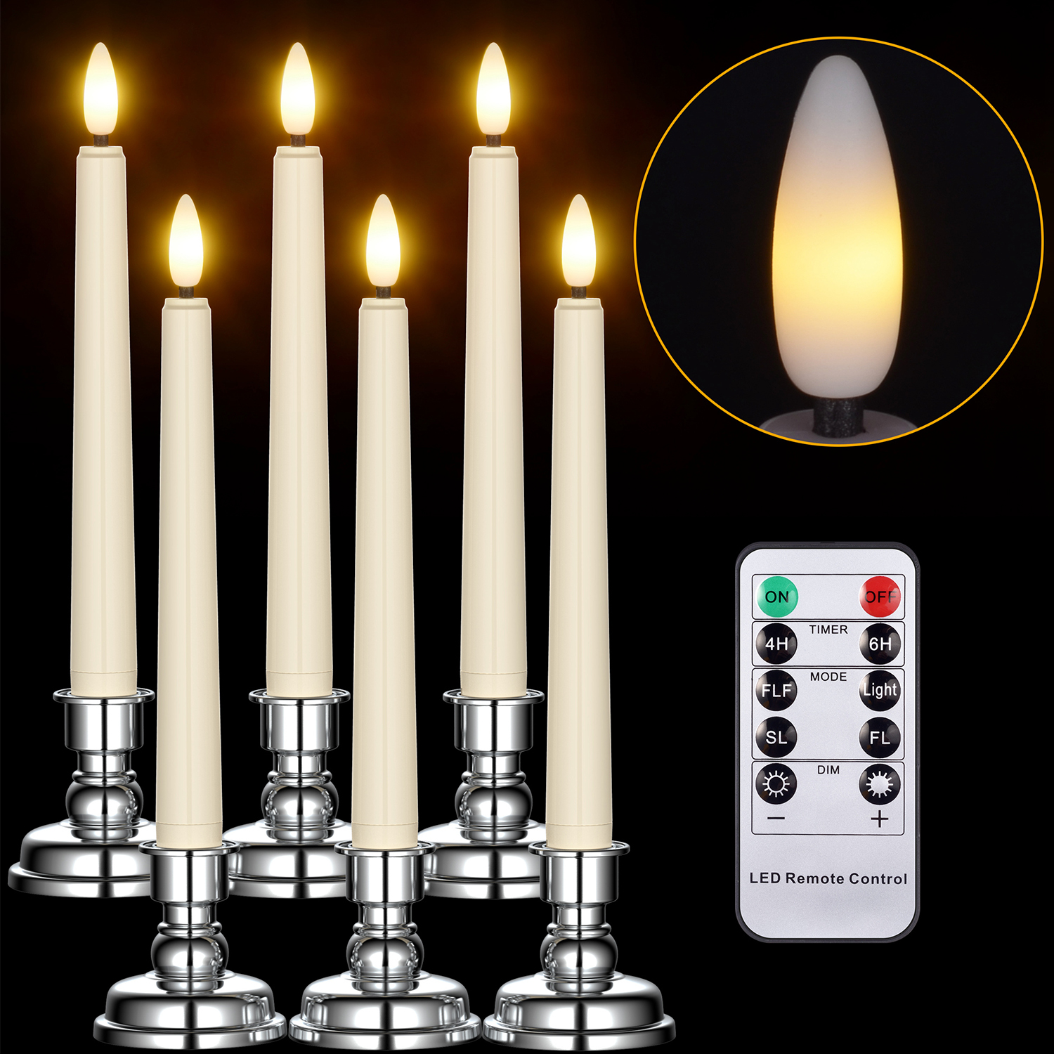 Ymenow Window Candles, 6pcs Battery Operated LED Flameless Flickering Taper Candle with Remote Timer,