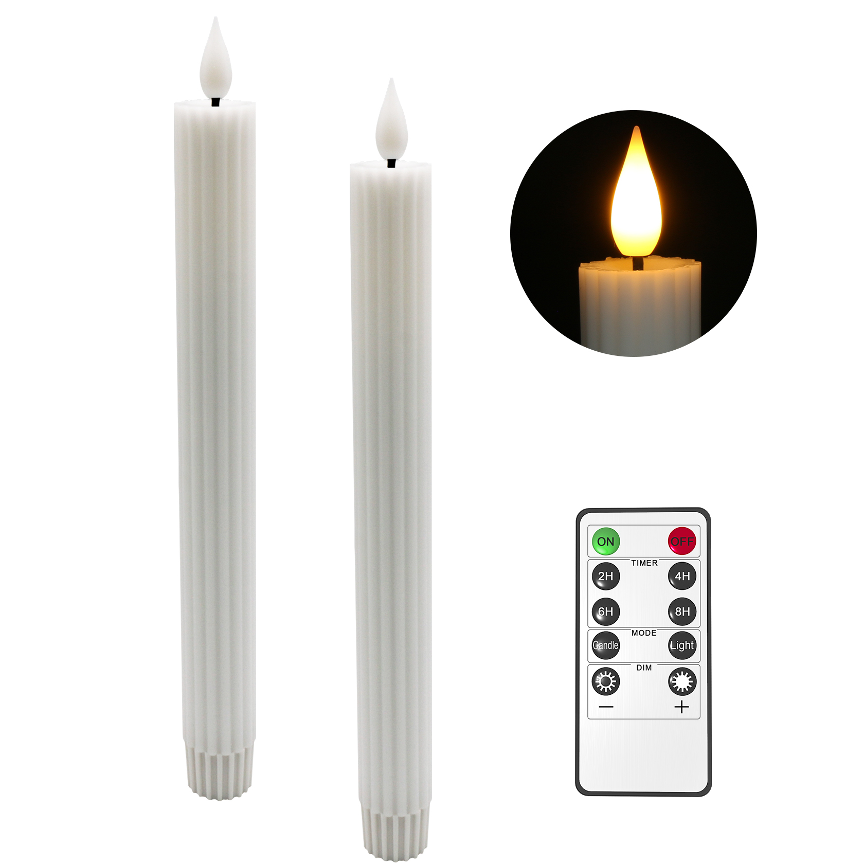 Real Wax LED Taper Candles, Ymenow 2pcs White Stripe Battery Operated Flameless Candlesticks LED Wind